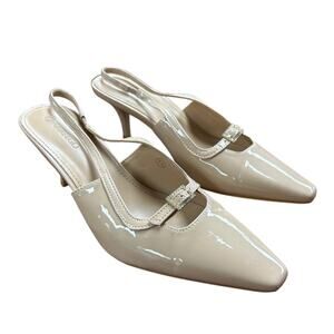 ZBY Womens Size 7.5 Tan Faux Leather Slingback 3" Heel Closed Toe Buckle Shoes
